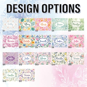 May include: A collage of 17 design options with floral and patterned backgrounds. Each design features a name in a decorative frame, including "Kathy," "Tiffany," "Alexis," and "Diana." The text "DESIGN OPTIONS" is at the top.