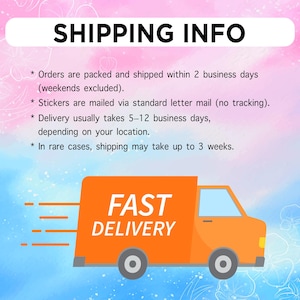 Puede incluir: Un cami&oacute;n de reparto naranja con las palabras "FAST DELIVERY" en su lateral. La imagen est&aacute; sobre un fondo pastel rosa y azul, con el texto "SHIPPING INFO" en la parte superior.