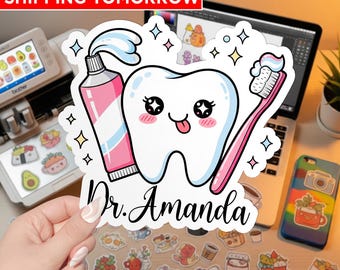 Custom Dentist Tooth Sticker, Personalized Tooth Dental Hygienist, Waterproof Vinyl Die-Cut Sticker for Laptop Water Bottle Car