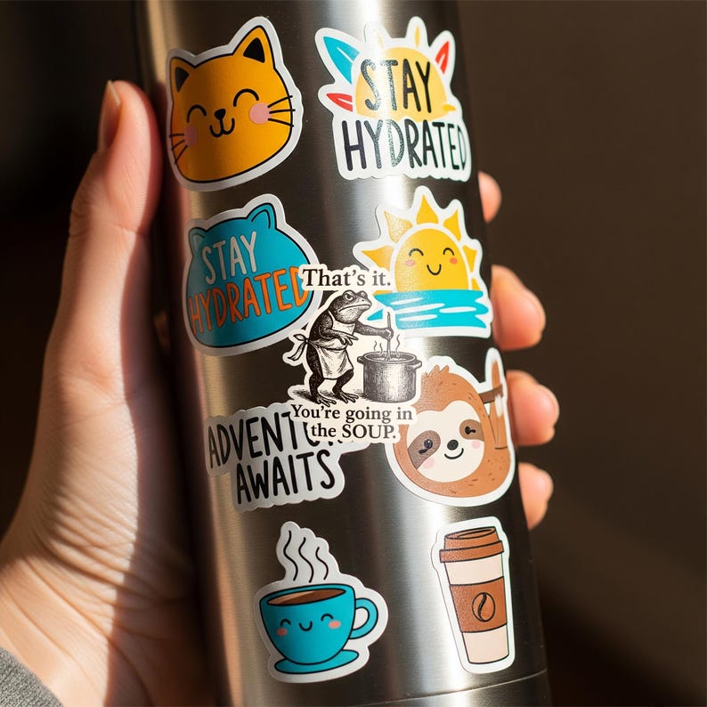 May include: A collection of colorful stickers on a stainless steel water bottle. The stickers feature various designs, including a smiling cat, a sun, a sloth, a frog, and coffee cups. Text includes "Stay Hydrated", "Adventure Awaits", and "You're going in the SOUP."