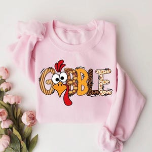 Sudadera Gobble para Acción de Gracias, Sudadera divertida de otoño con estampado de pavo, Camiseta Gobble rosa con estampado de leopardo, Conjunto acogedor de otoño, Regalo familiar para Acción de Gracias