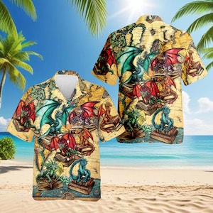 May include: Two short-sleeved button-down shirts with a fantasy theme. The shirts feature a repeating pattern of colorful dragons perched on books, set against a backdrop of an antique map. The dragons are in shades of red, green, and blue.