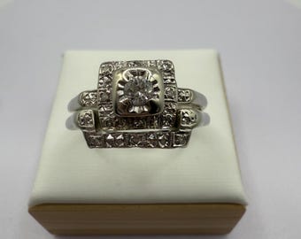 Art Deco 14k White Gold Diamond Square Wedding Set Size 9