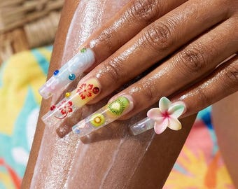 Tropical Flower Press On Nails, Fruit Nail Art, Summer, Kawaii, Y2K