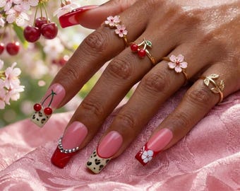 Red Cherry Leopard Print French Tip Nails – Y2K Medium Square Press Ons