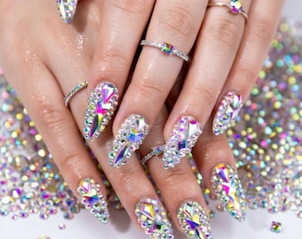 Full AB Rhinestone Glam Press On Nails: Medium Almond Iridescent Crystal Festival Fake Nails
