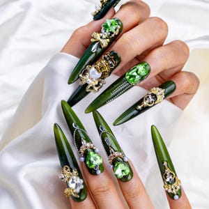 Emerald Gemstone Crown Press On Nails: Long Stiletto Acrylic Fake Nails