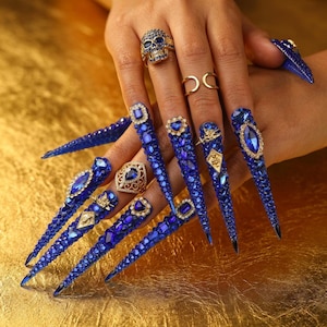 Royal Blue Rhinestone Stiletto Claw Nails | Handmade Gold Accent Statement Set