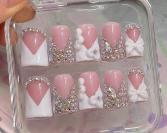Pink White French Press On Nails, Short Duckbill Rhinestone Bow Flower Set