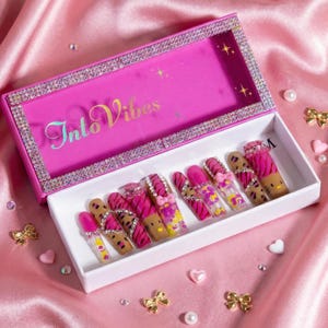 Long Square Aquarium Press On Nails Pink Tiger Print & Hello Kitty Themed Liquid Glitter Fake Nails Easter Summer