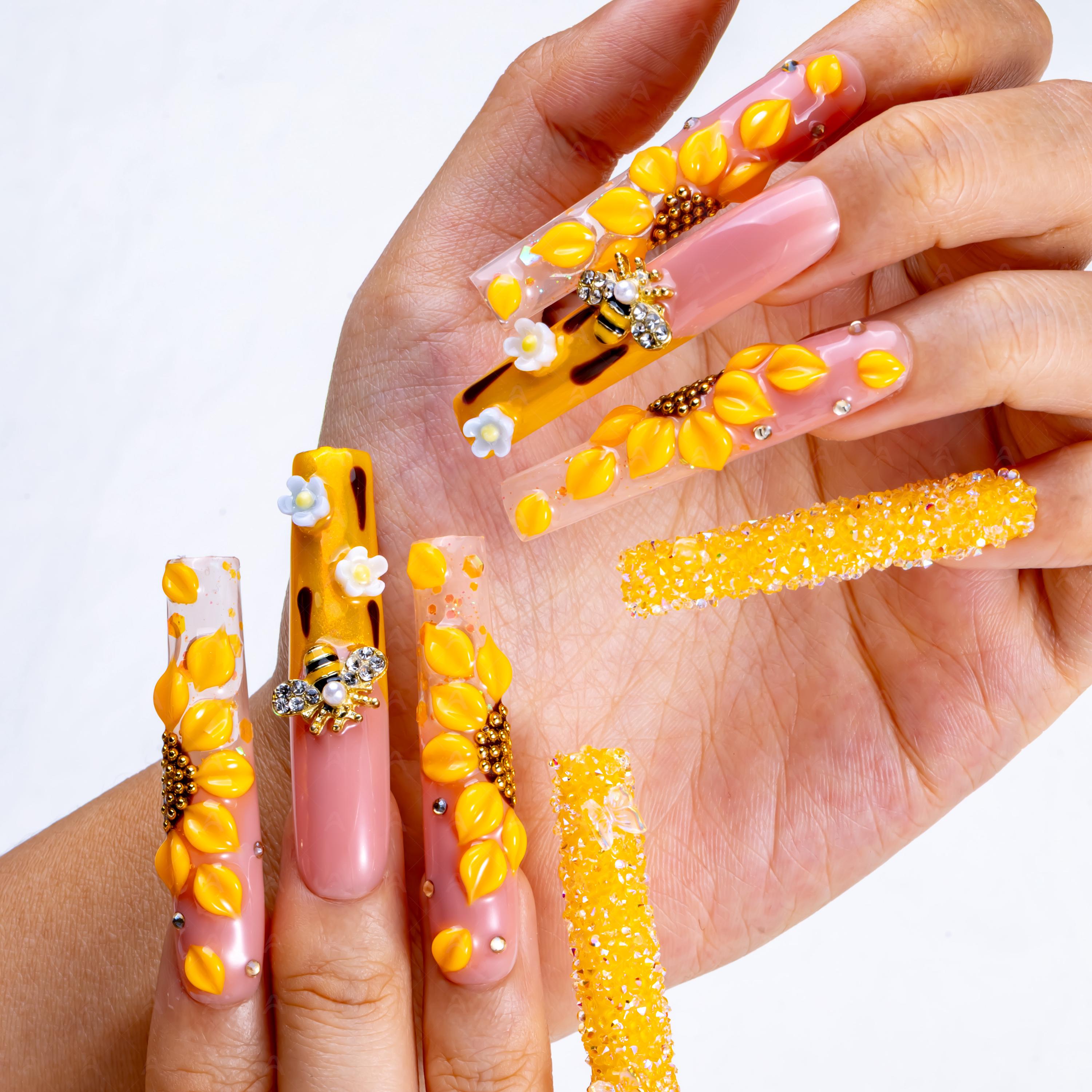 Handmade Honey Bee Press on Nails Long Square Acrylic 3D Drip