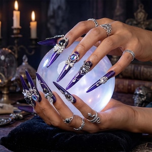 Gothic Devil Eye Press On Nails: Dark Purple Stiletto, Rhinestone Charms