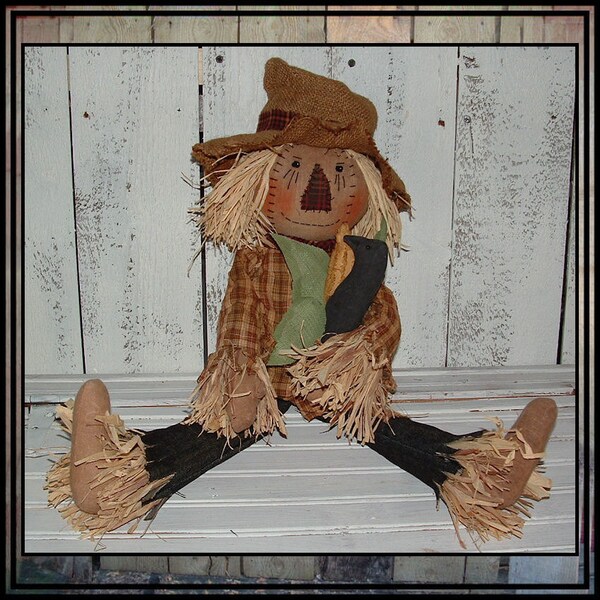 Primitive folk art scarecrow rag doll raffia hair pumpkin crow HAGUILD HAFAIR OFG