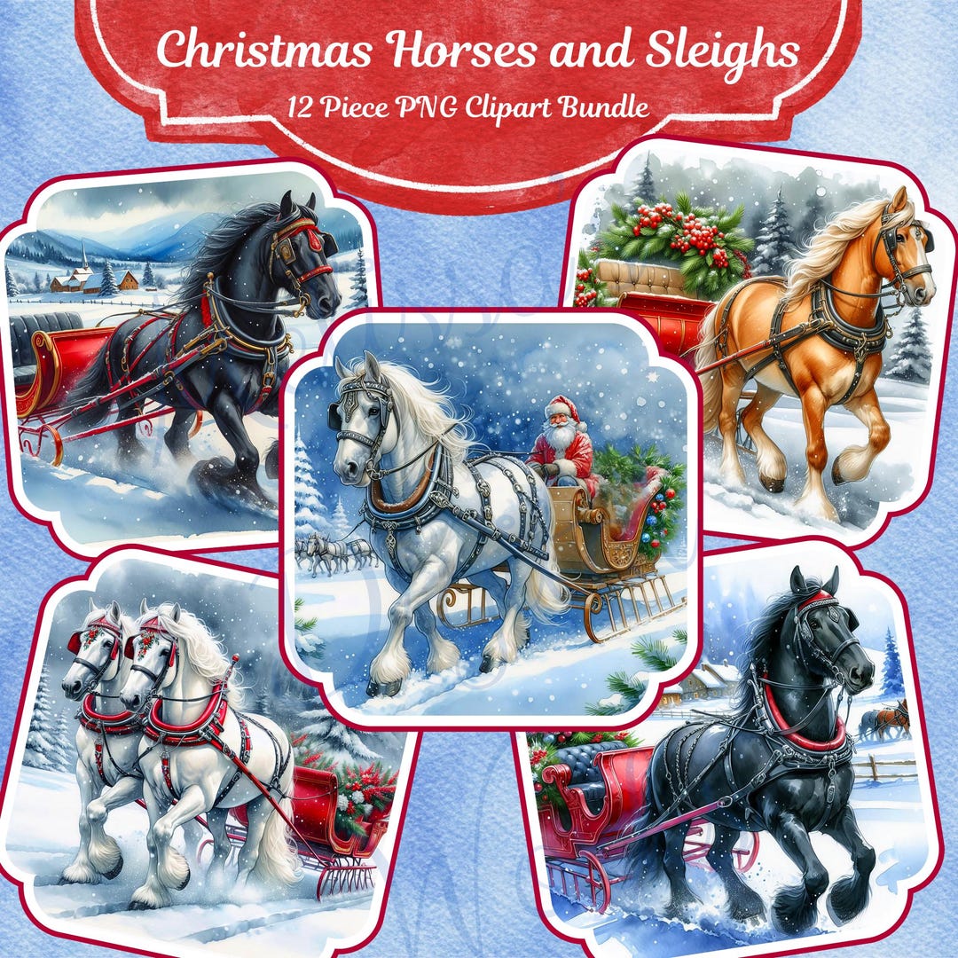 Christmas Horse Sleigh Clipart Bundle: Vintage Holiday PNG (digital ...