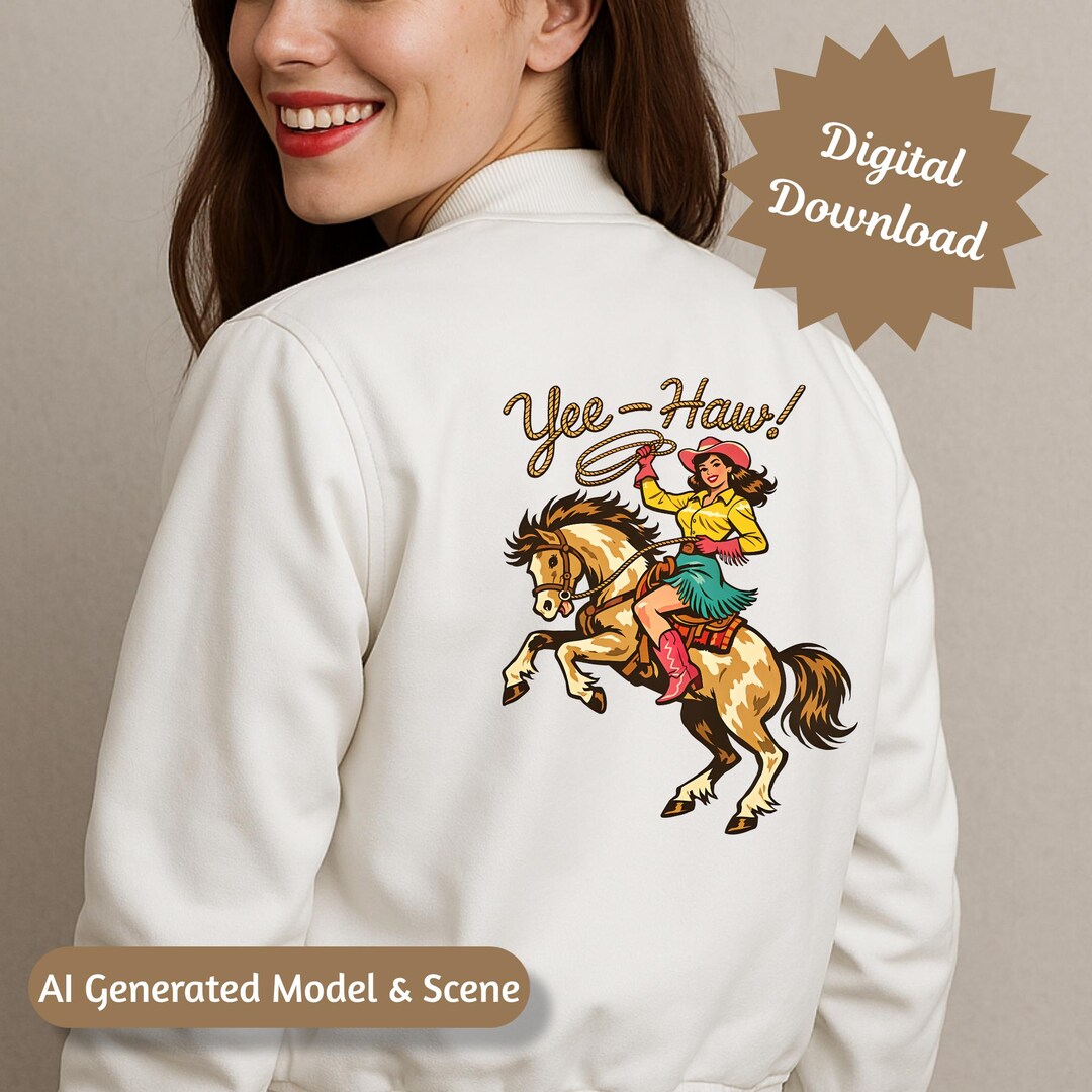 Pinup Rodeo Retro Cowgirl Rodeo Clipart – “yee-haw” Pinup Cowgirl on Bucking Horse ...