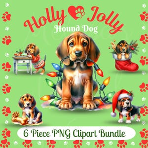 Puede incluir: Un paquete de imágenes prediseñadas digitales con seis ilustraciones de perros sabuesos con temática navideña. Los perros se representan con elementos festivos como luces navideñas, gorros de Papá Noel y calcetines, sobre un fondo verde con huellas de patas.