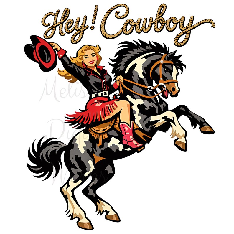 Pinup Rodeo Retro Cowgirl Rodeo Clipart – “hey Cowboy” Pinup Cowgirl on Bucking ...