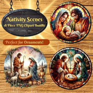 Puede incluir: Un conjunto gráfico digital que presenta tres ilustraciones circulares de escenas de natividad. Una imagen muestra una representación al estilo de vidrieras de una familia con un bebé, otra un paisaje con un bebé en un pesebre, y una tercera una escena de vidrieras con un bebé. El texto dice Nativity Scenes 18 Piece PNG Clipart Bundle.