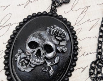 Skull cameo, pendant necklace: dark academia, black, goth, Gothic, roses, gothic romance, Halloween