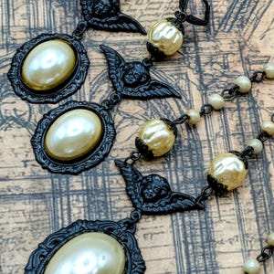 Vintage style faux pearl and black brass pendant necklace and drop earrings set, coordinates, angel, cherub, Cupid
