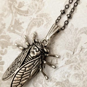 May include: A silver-toned metal pendant shaped like a cicada insect, featuring detailed wing textures and segmented legs. The pendant is attached to a matching silver-toned metal chain with small, evenly spaced beads along the length of the chain.