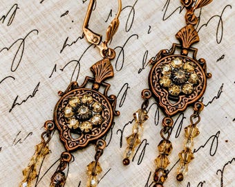 Late Victorian style copper and topaz chandelier earrings: vintage aesthetic, OOAK, Fall, Autumn, Winter, earth tones, art deco, OOAK