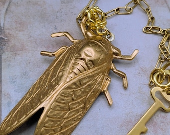 Cicada locket necklace: golden brass bug, insect, bugcore, nature, winged beetle of Summer