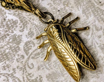 Dainty, X small, hidden locket necklace, cicada: bug, insect, beetle, long chain, gold