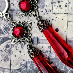 Victorian gothic inspired silver, red glass dangle/drop earring: ruby, garnet, goth