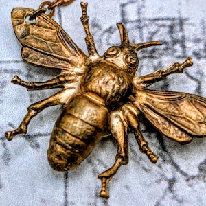 May include: A detailed, bronze-colored bee pendant with intricate wing and body details. The bee has six legs and antennae, and is attached to a chain. The pendant is likely a piece of jewelry.