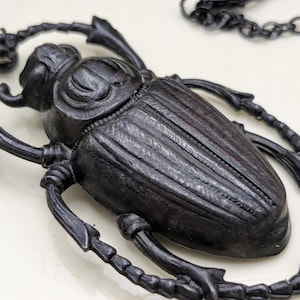 May include: A detailed, black metal necklace featuring a large scarab beetle pendant. The beetle is intricately designed with textured details, and is surrounded by a decorative frame. The necklace chain is also black.