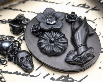 Mourning jewelry inspired black locket necklace: Victorian gothic, memento mori, hand, floral