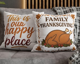 Cojín familiar de Acción de Gracias: «Este es nuestro lugar feliz». Decoración otoñal para el hogar.