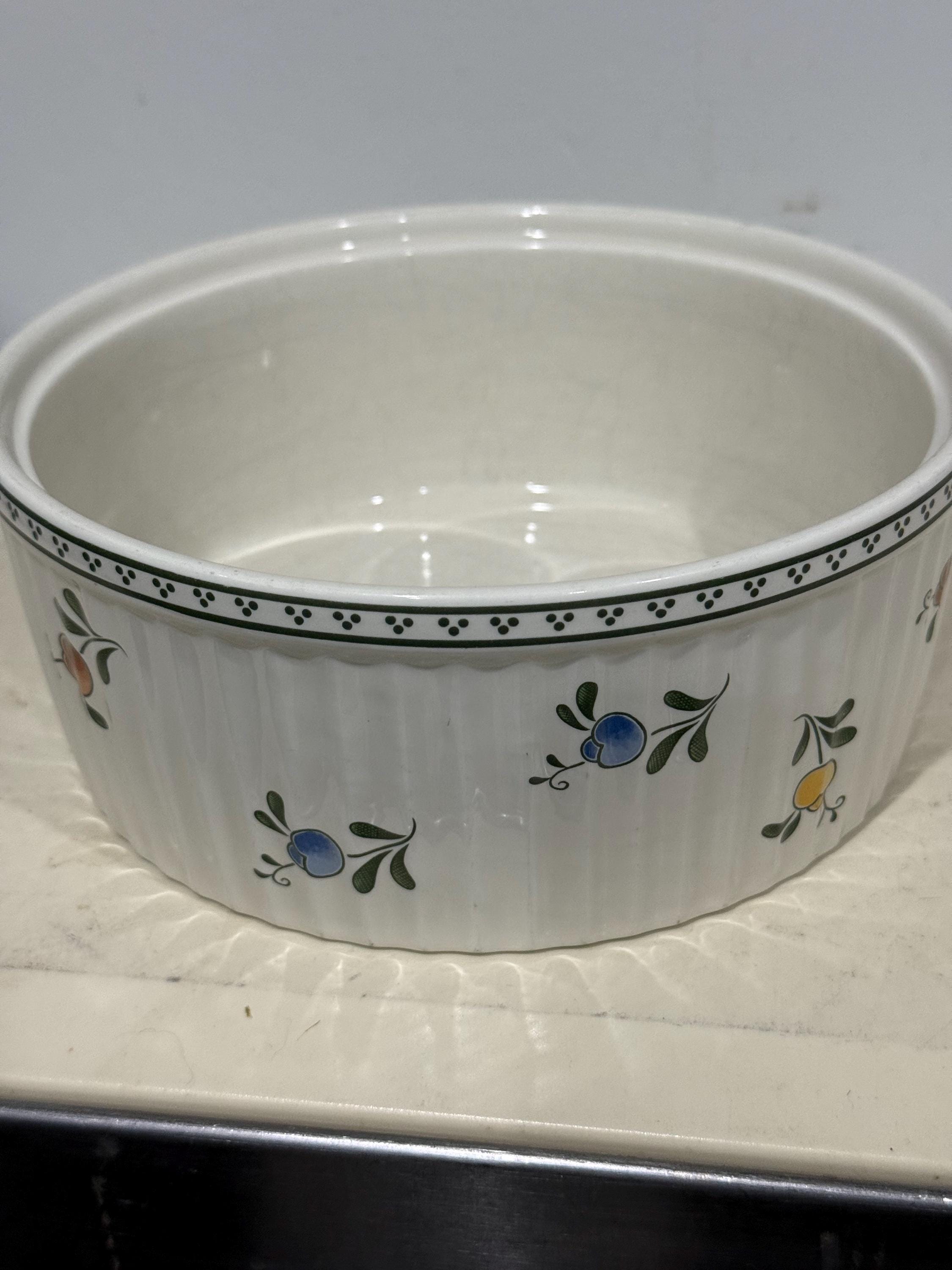 Vintage Hall China Green and Yellow Ribbed Soufflé Bowl Casserole Dish