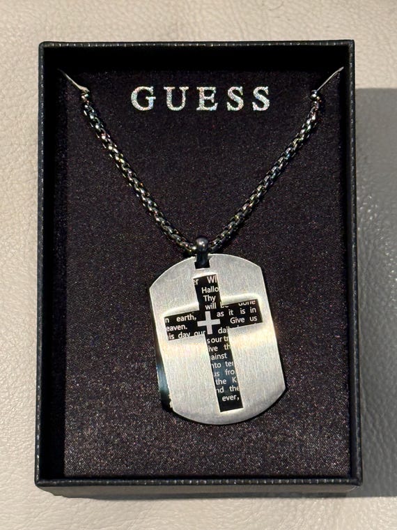 Men's Stainless Steel Dog Tag Cross Necklace, Black Chain (GUESS