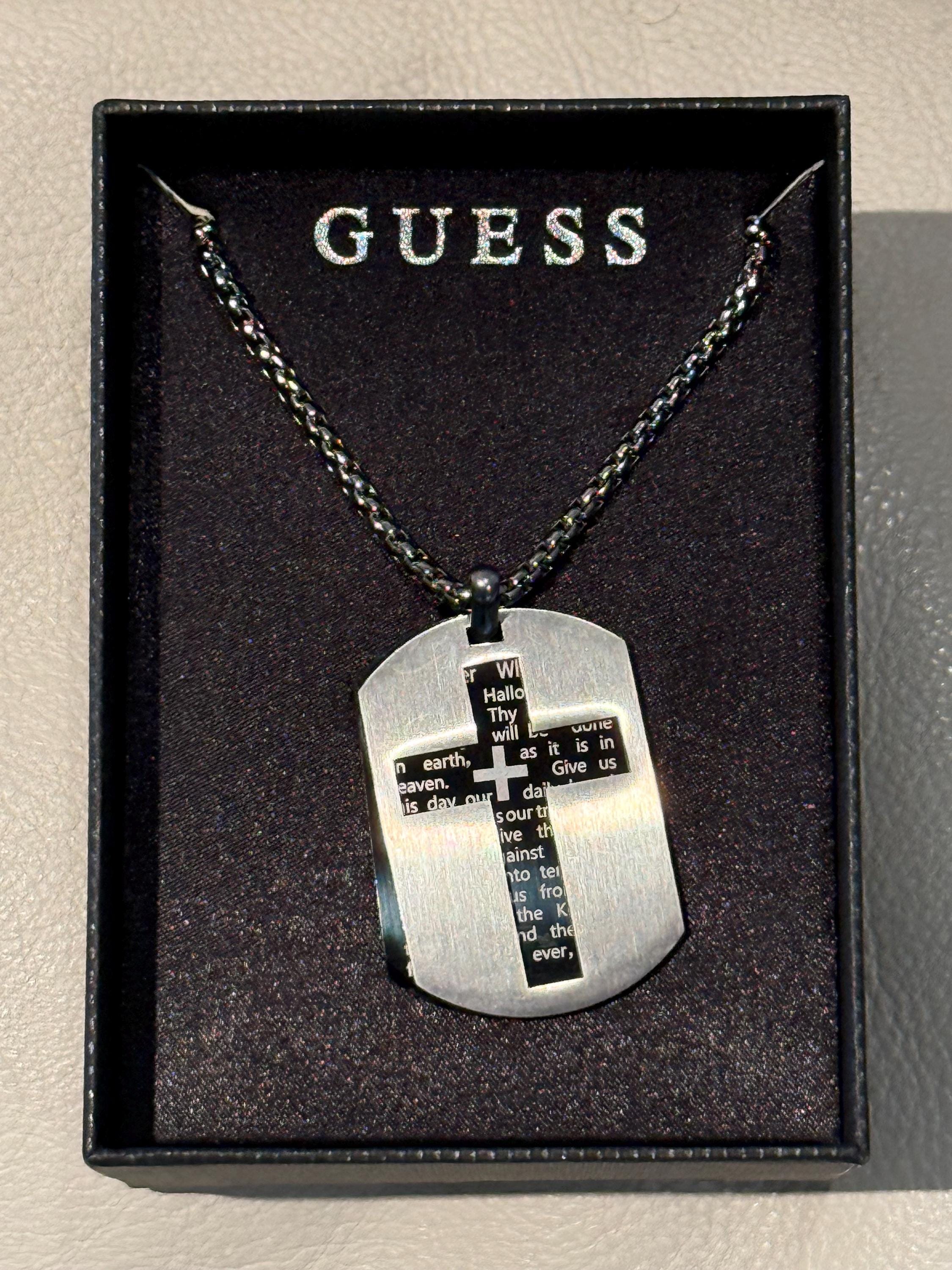 Men's Stainless Steel Dog Tag Cross Necklace, Black Chain (GUESS