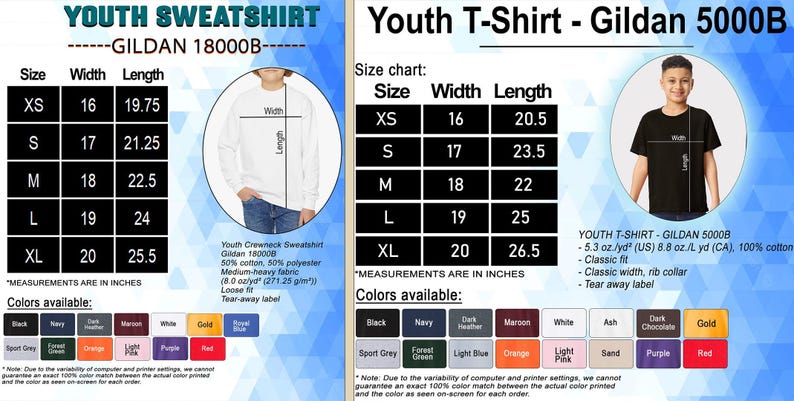 May include: Image shows size charts for youth sweatshirts and t-shirts. The sweatshirt chart includes measurements in inches for sizes XS to XL. The t-shirt chart also provides measurements in inches for sizes XS to XL. Color options are listed below each chart.