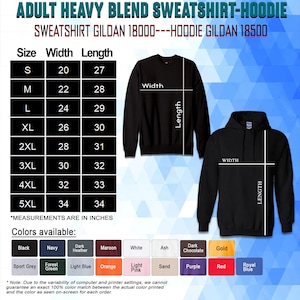 May include: Image shows a black sweatshirt and a black hoodie with size and color charts. The size chart lists measurements in inches, with widths from 20 to 34 inches and lengths from 27 to 34 inches. Available colors include black, navy, and maroon.