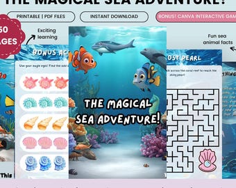 キッズアクティビティ 海の冒険アクティビティブック | ぬり絵、点つなぎ、パズル、影合わせ、ボーナスインタラクティブゲーム付きの印刷可能な PDF!