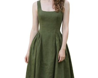 Olive Green Linen Maxi Dress, Sleeveless Square Neck Dress, Women's Boho Summer Dress, Cottagecore Outfit, Handmade Clothing