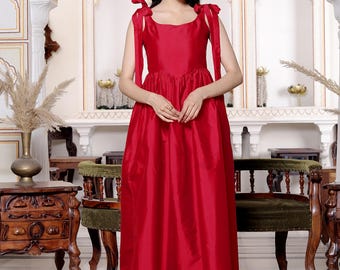 Red Fit & Flare Taffeta Maxi Dress Square Neck Adjustable Lace-Up Back Dress