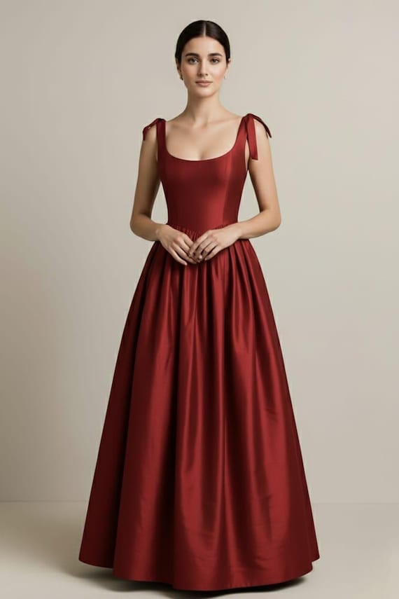 Burgundy Taffeta Ball Gown, Elegant Formal Maxi Dress, Tie Shoulder Straps
