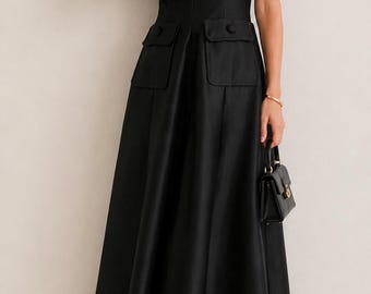 Abito midi in seta Dupioni nera, abito senza maniche a trapezio, elegante abito da cocktail party, abito da sera di lusso in seta, abito per invitata a un matrimonio.