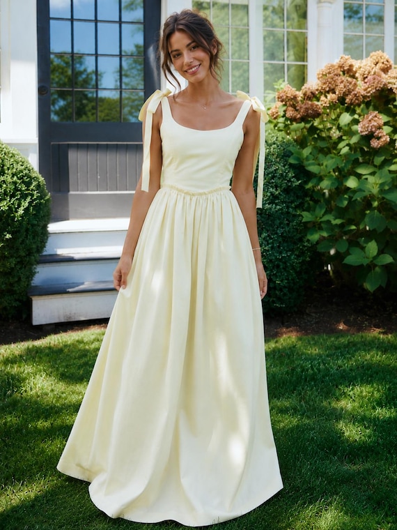 dupioni silk bridesmaid dresses Yellow Maxi Dress, Tie Shoulder Bow Dress, Butter Yellow Dress, Cottagecore Princess Gown, Wedding Guest Dress Color:STERLING DUSK easily transition between long 2023week25 New ZARA Woman crochet