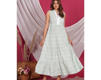 Vestido largo de algodón con estampado a mano, vestido de verano bohemio floral con volantes