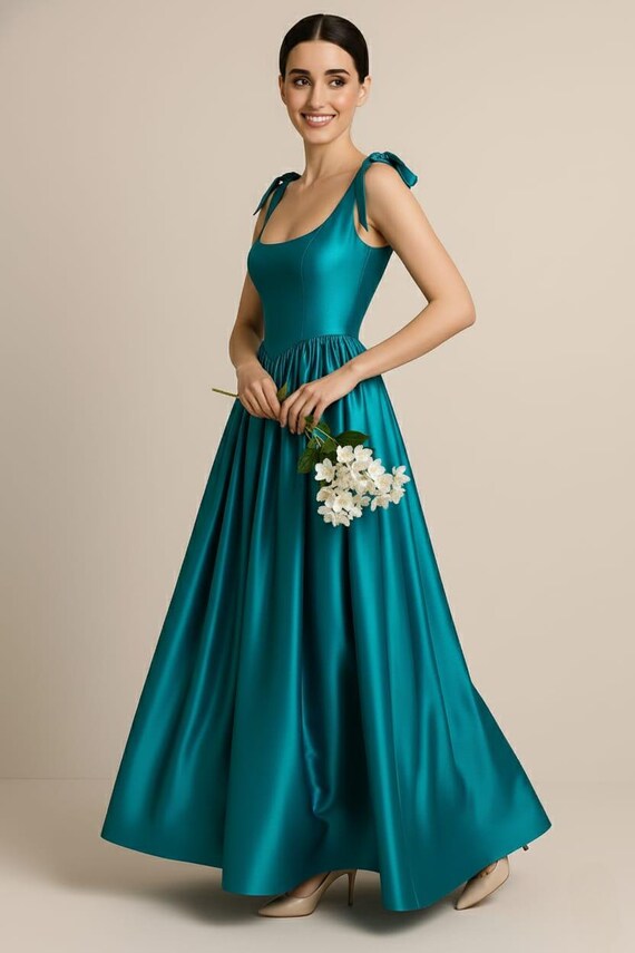Teal Taffeta Maxi Dress, Bow Strap A-line Evening Gown, Formal Wedding Guest Dress - Etsy Teal Taffeta Maxi Dress, Bow Strap A-line Evening Gown, Formal Wedding Guest Dress - Etsy