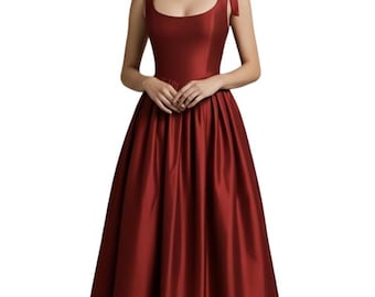 Burgundy Taffeta Ball Gown, Elegant Formal Maxi Dress, Tie Shoulder Straps