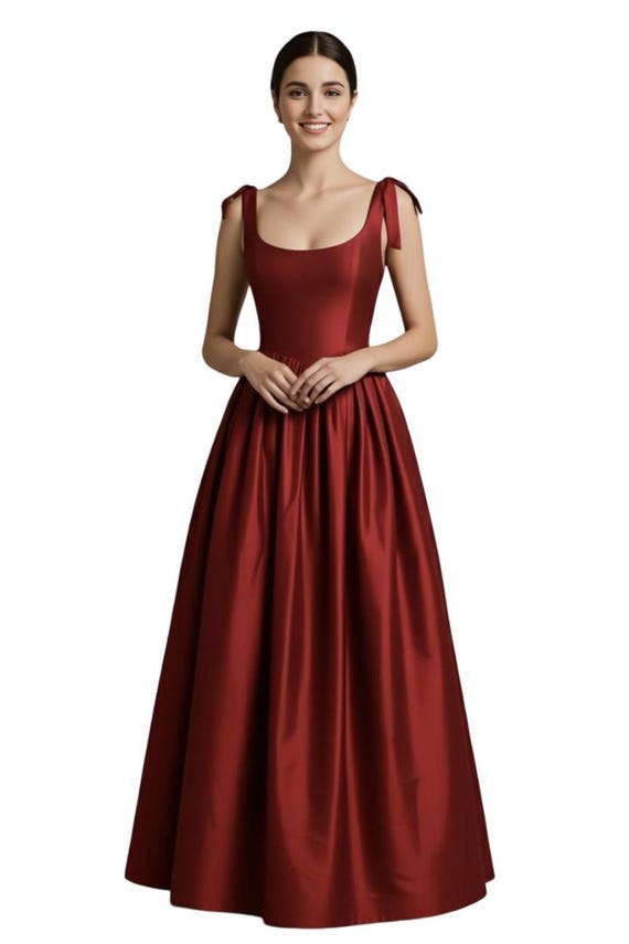 Burgundy Taffeta Ball Gown, Elegant Formal Maxi Dress, Tie Shoulder Straps Burgundy Taffeta Ball Gown, Elegant Formal Maxi Dress, Tie Shoulder Straps