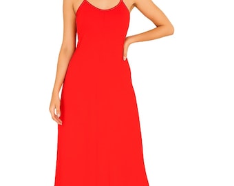 Red Cotton Slip Dress: Spaghetti Strap Midi Sundress