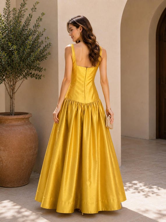 gold drop waist dress Silk Dupioni Maxi Dress, Square Neck Formal Evening Gown, Elegant Wedding Guest Ball Gown Midi dress
